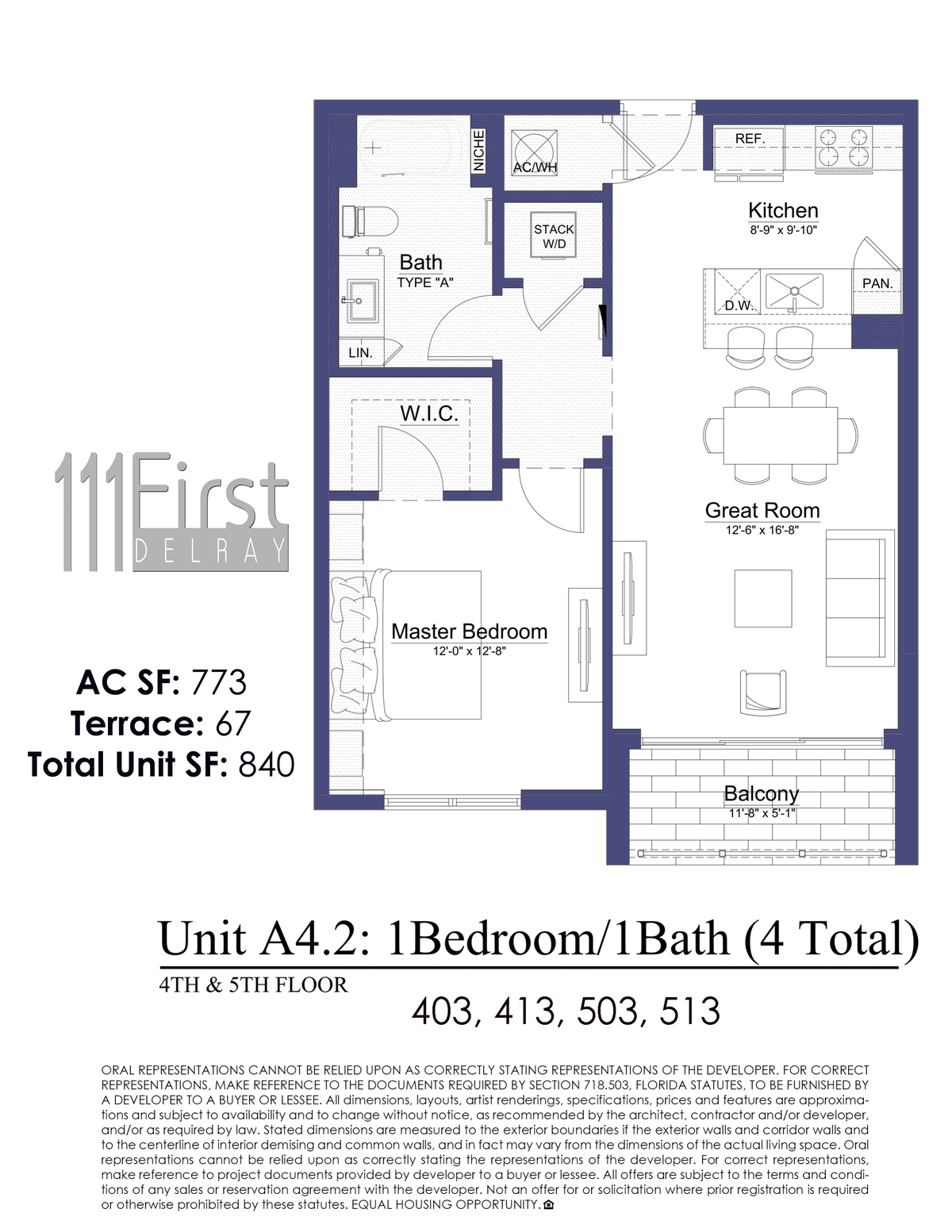 111 First Delray Unit A4.2 One Bedroom One Bath Floor Plan